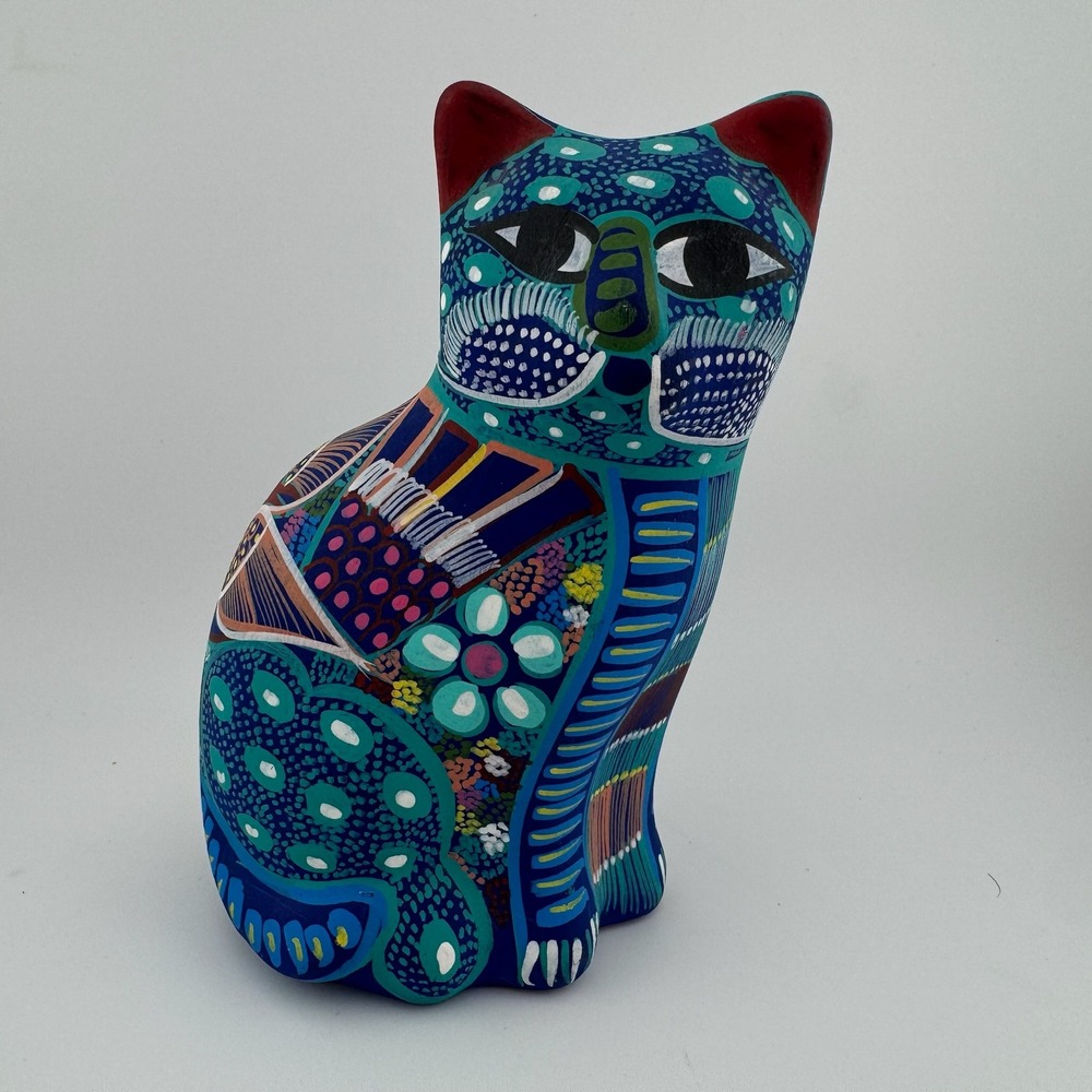 Hecho En Mexico Cat Figurine Blue Hand Painted Terracotta‎ Folk Art
